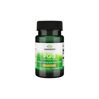 A bottle of Swanson's PQQ Pyrroloquinoline Quinone contains 30 veggie capsules, each with 10 mg, aimed at supporting cellular energy, cognitive function, and brain health.